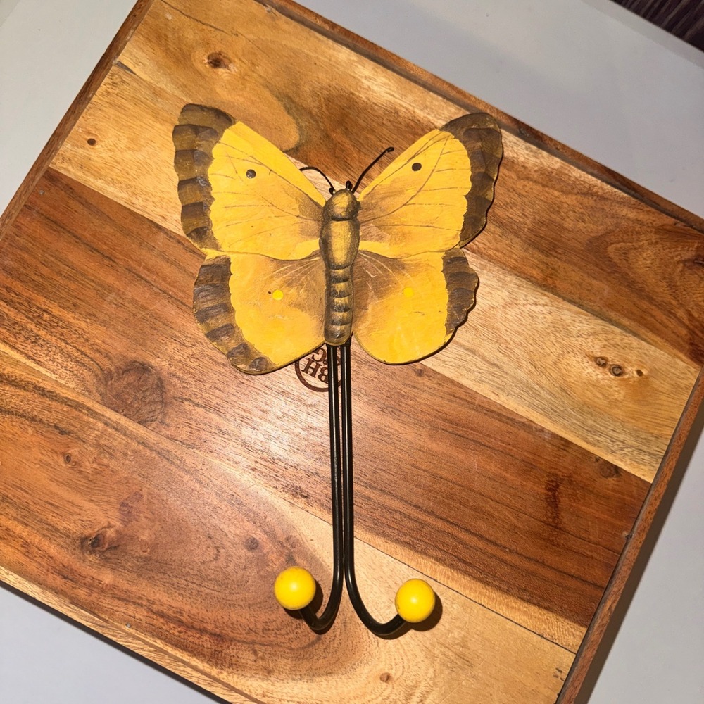 Butterfly Wall Hook Home‎ Decor Yellow Brown Rustic Wood Metal 9.5in Vintage